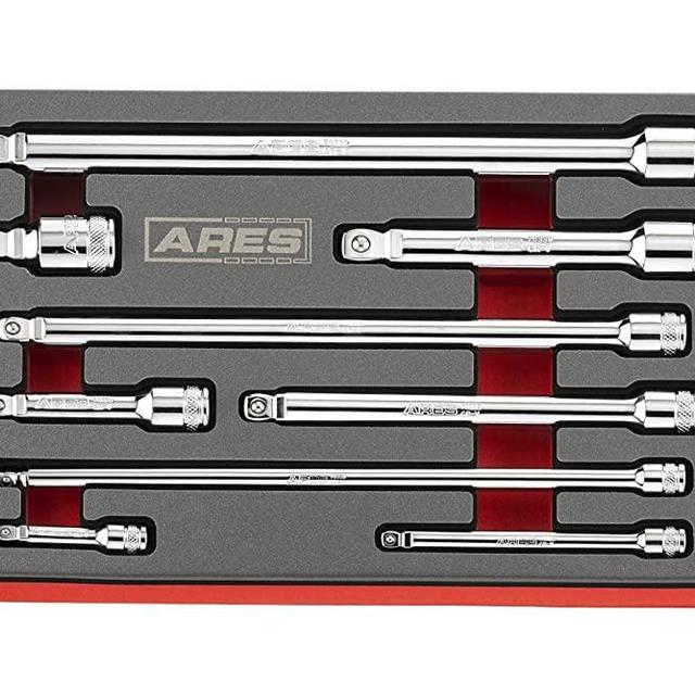 ARES 70330 - 9-Piece Wobble Extension Set - Premium Chrome Vanadium Steel Construction - 1/4-inch, 3/8-inch and 1/2-inch Drive Sizes Included - Storage Tray Included