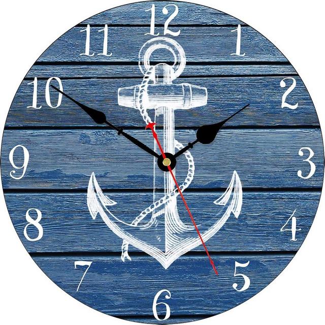 TAHEAT Nautical Anchor Beach Wall Clock, Navy Blue Bathroom Accessories and Decor, Decorative Battery Operated Vintage Clocks for Living Room/Kitchen/Home/Lake House, 12 Inch