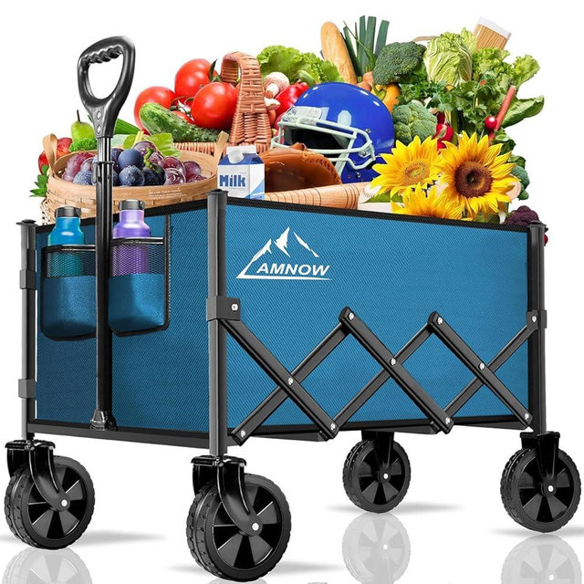 Collapsible Folding Wagon Cart, 350LBS Utility Large Capacity Cart Foldable Wagon with All Terrain Wheels, Grocery Wagons Carts for Garden Shopping Sports Camping, Blue