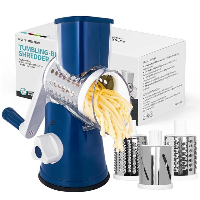 X Home Rotary Cheese Grater, Manual Cheese Shredder with 3 Interchangeable Blades, Mandoline Vegetables Slicer with Strong Suction Base, Easy to Use and Clean, Dark Blue