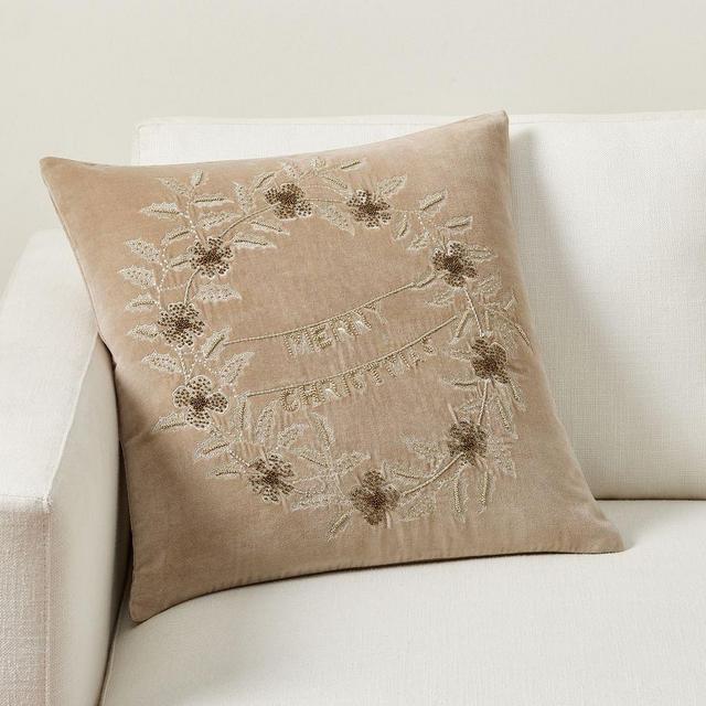 Luxe Merry Christmas Wreath Pillow, 20 ", Taupe