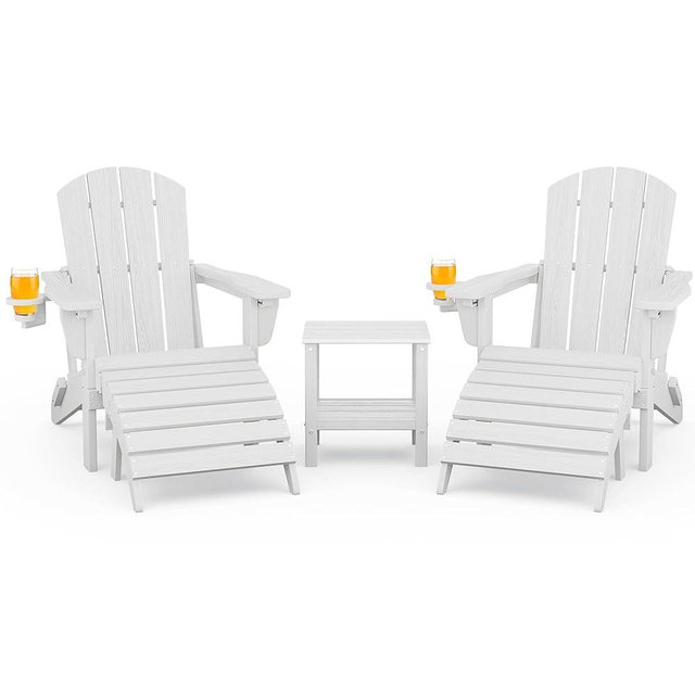 SERWALL 5-Piece Adirondack Chair and Ottoman and Table Set, White