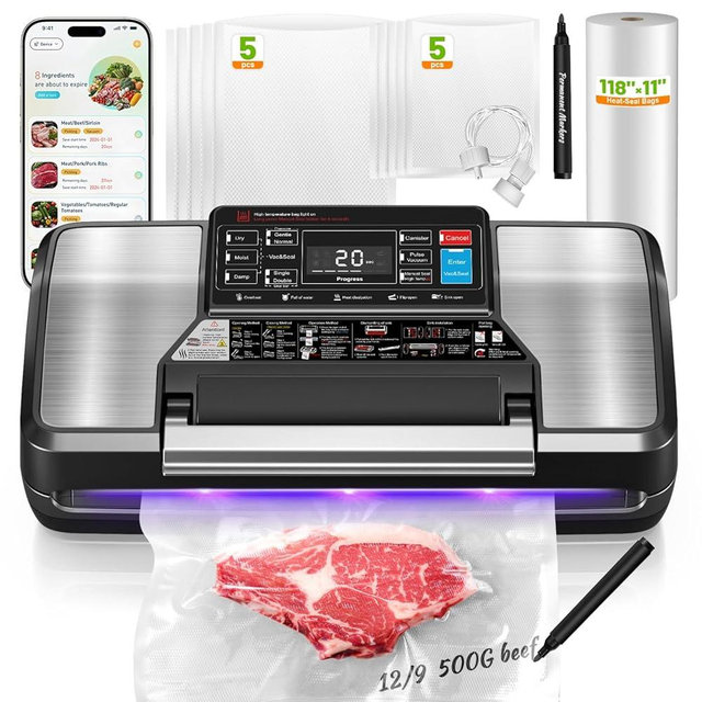 Gyreuni 95Kpa Vacuum Sealer Machine for Food with Bags, 12-in-1 Food Saver Vacuum Sealer with Double Heat Seal, Built-in Cutter,Accessory Hose, Bag Storage,10 Bags, 1 Bag Roll & Marker Pen,App Control