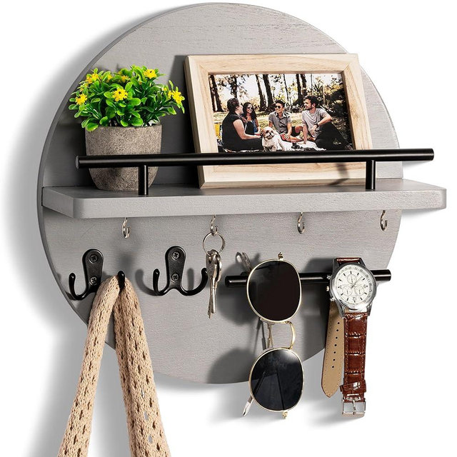 Key Holder for Wall Decorative with Shelf and Hooks, Unique Mail Organizer Wall Mount with Sunglasses Holder, Cute Circular Design Entryway Key Rack Hanger, Rustic Home Decor for Mudroom (grey)