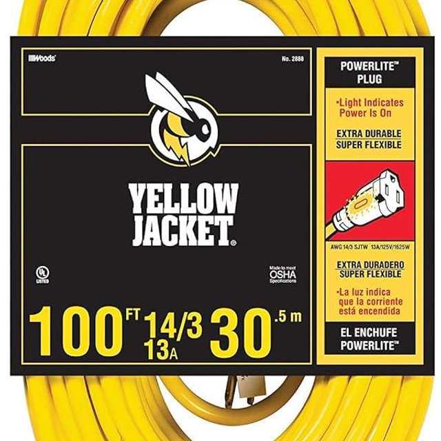 Yellow Jacket 2888 UL Listed 14/3 13 Amp Premium SJTW 100' (30.5M) Extension Cord with Grounded (3 prong) Lighted Receptacle End, 100 Foot, Yellow