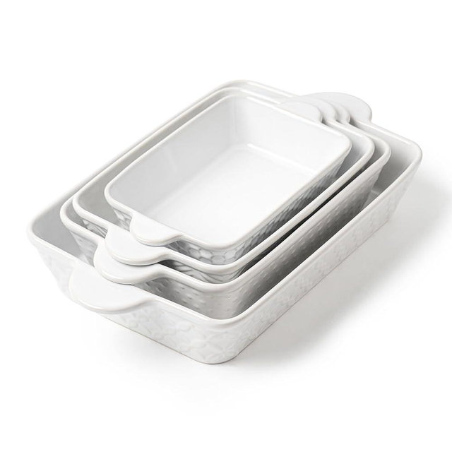 FOBENTA Casserole Dishes for Oven - Ceramic Bakeware Sets of 4, Rectangular Baking Deep Dishes with Handles, Lasagna Pans for Kitchen Cooking & Wedding Gift, Embossed