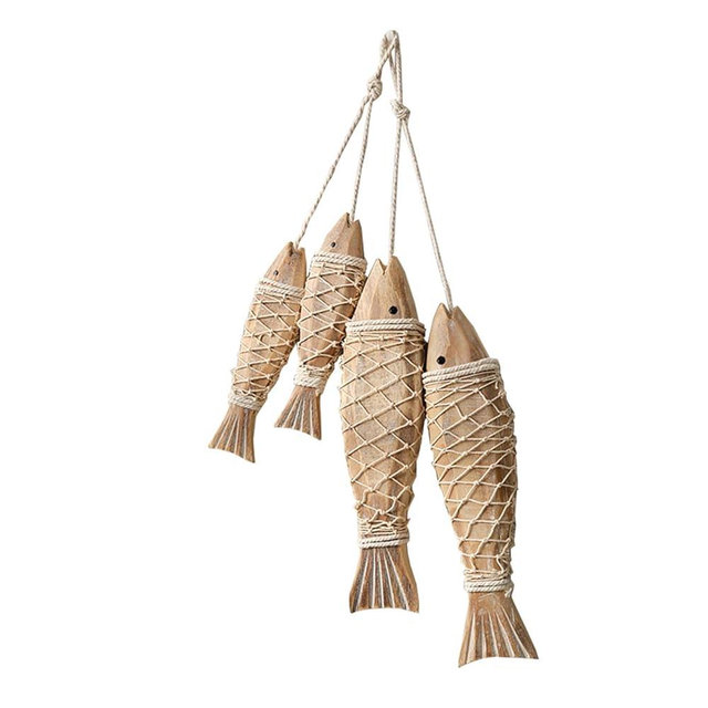PWMENLK 4 Pcs Hand Carved Wooden Fish Home Wall Decor with Decorative Twine Rustic Coastal Art for Nautical Parties, Under The Sea Themes, Lake House Beach Themed Celebrations