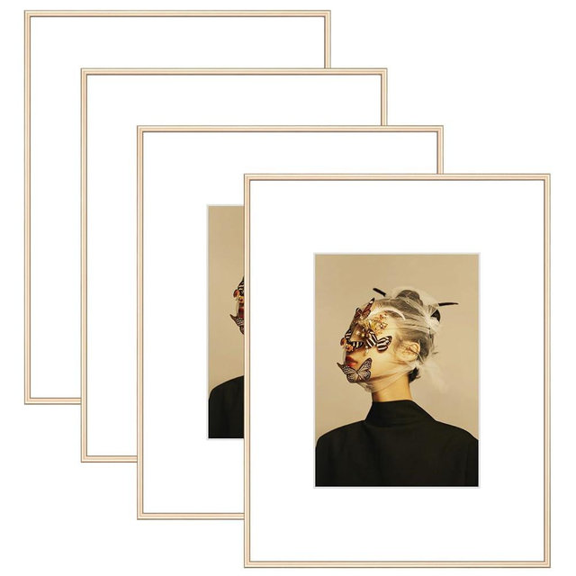 Fkvat 11x14 Picture Frame Set of 4, Matted Brass Simple Modern Brushed Thin Aluminum Metal Photo Frame Fits 8x10 with Mat or 11 x 14 without Mat Vertical and Horizontal for Tabletop and Wall Mounting