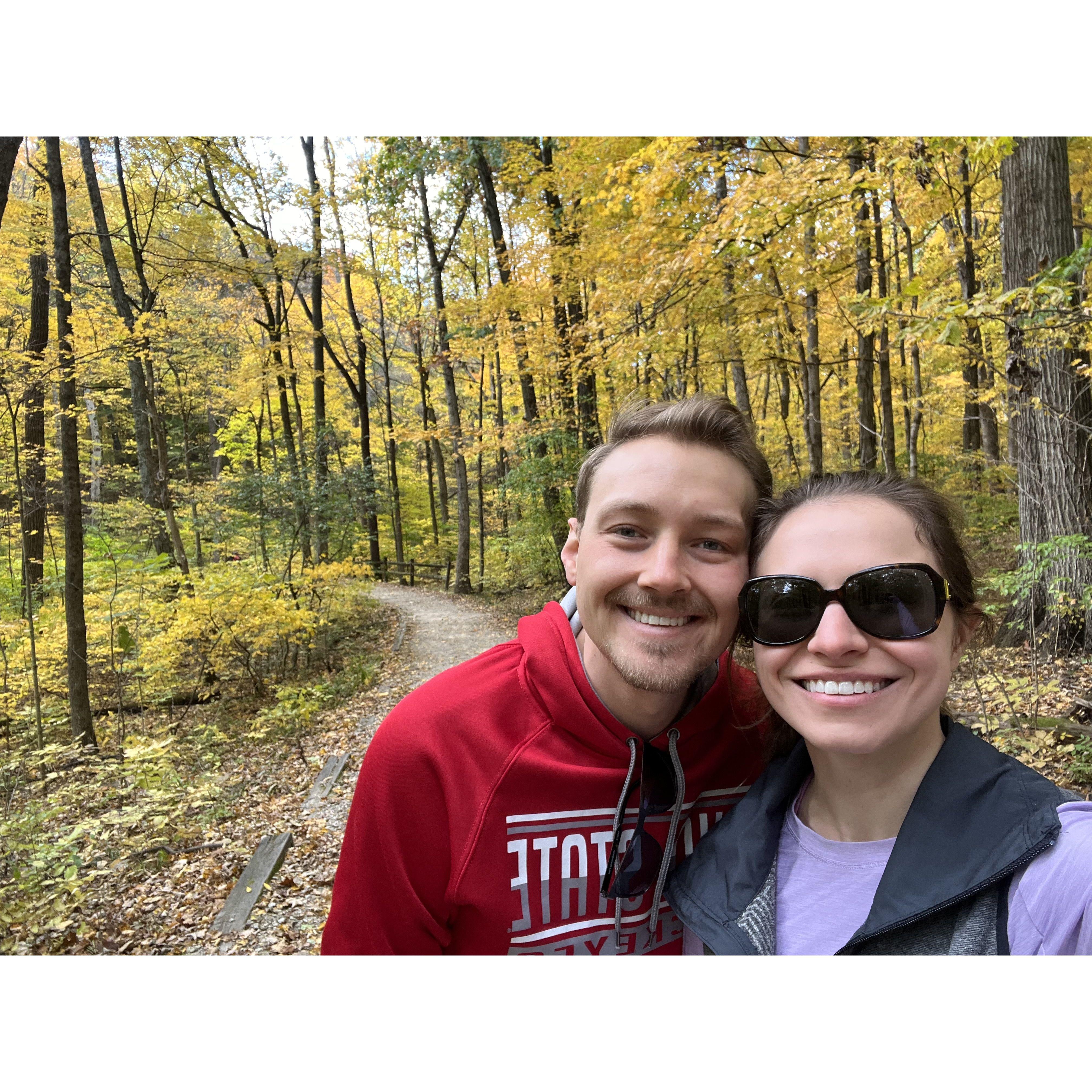 On a hike in Columbus to see the fall foliage.