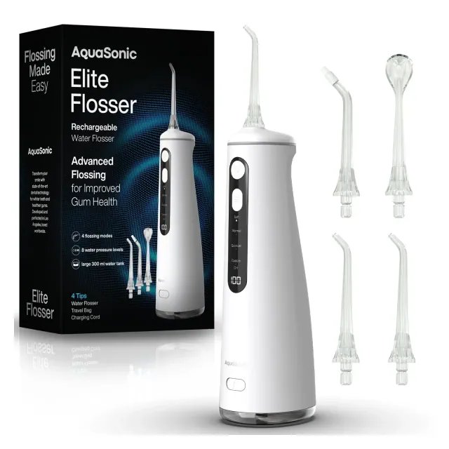 AquaSonic Elite Rechargeable Water Flosser - 300ml Tank, 4 Tips, Travel Bag White
