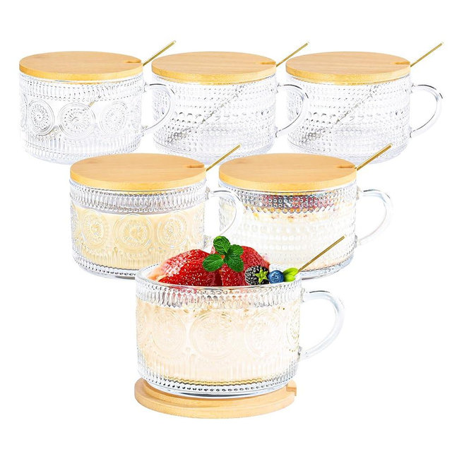Icesip 14 oz Vintage Coffee Mugs Glass of 6 Overnight Oats Glass Mug with Bamboo Lids Spoons Handle for Latte Cereal Yogurt(Hobnail*3 & Sunflower*3 with Spoon Hole Lid)