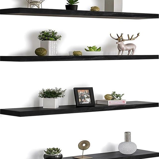 PHPH 48 Inch Wood Floating Shelves for Wall, Wooden Wall Shelves for Bedroom, Set of 4 Black
