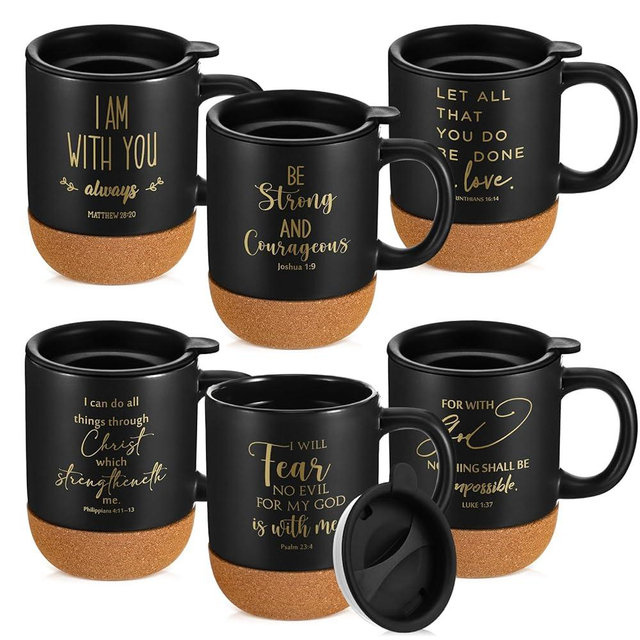 FillTouch 6 Pcs Christian Gift Mugs Bulk 15 oz Religious Cup Cork Bottom Coffee Mugs with Bible Verses Mother's Day Inspirational Gifts for Women Teacher Staff Bible Study Group Member