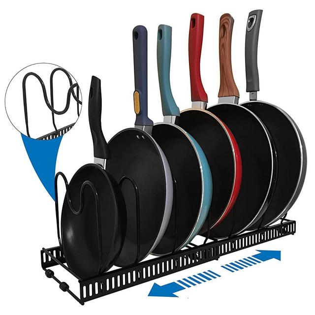 Expandable Pot and Pan Organizer Rack, KITCHEN QUANTUM, Bakeware, Cabinet Organizer 7+ Adjustable Dividers, Lid organizer, Pan Organizer, Pot and Pan Organizer for Cabinet , (Shiny Black)