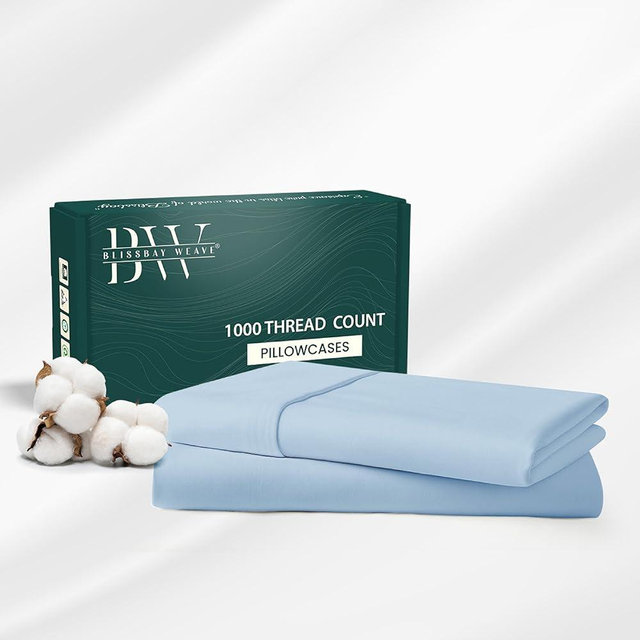 BlissBay Weave 100% Egyptian Cotton Pillow Cases Standard/Queen Size Set of 2, 1000 Thread Count Pillow Covers Sateen Weave Soft Luxury Wrinkle Resistant Envelope Closure | 30" L x 20" W | Light Blue
