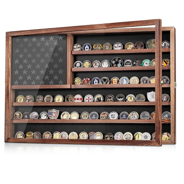 MOCAS Challenge Coin Display Case, Lockable Military Coin Holder Cabinet with Removable Star Board & HD Tempered Glass Door (27.6" L x 18.1" W), Solid Wood Wall Mount Coins Collection Rack Stand
