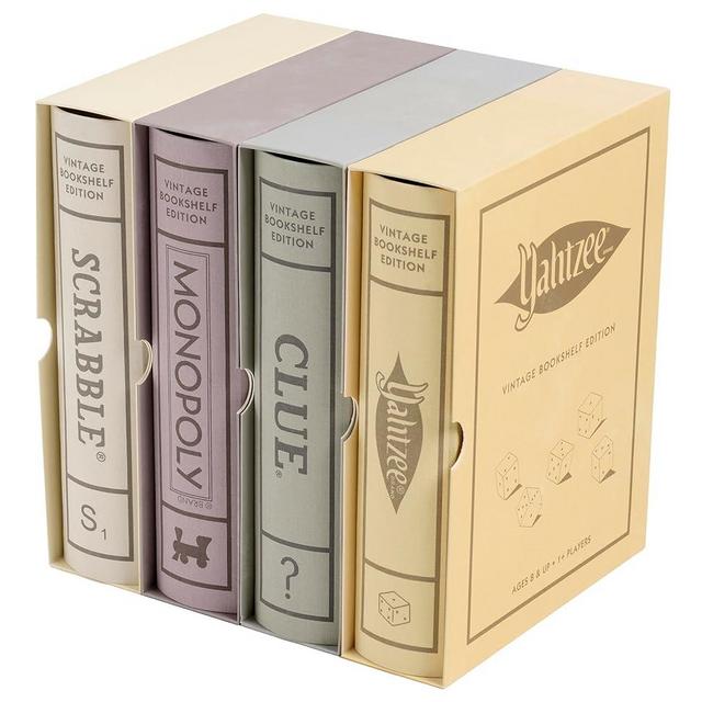 WS Game Company Scrabble, Monopoly, Clue, and Yahtzee Vintage Board Game Bookshelf Collection