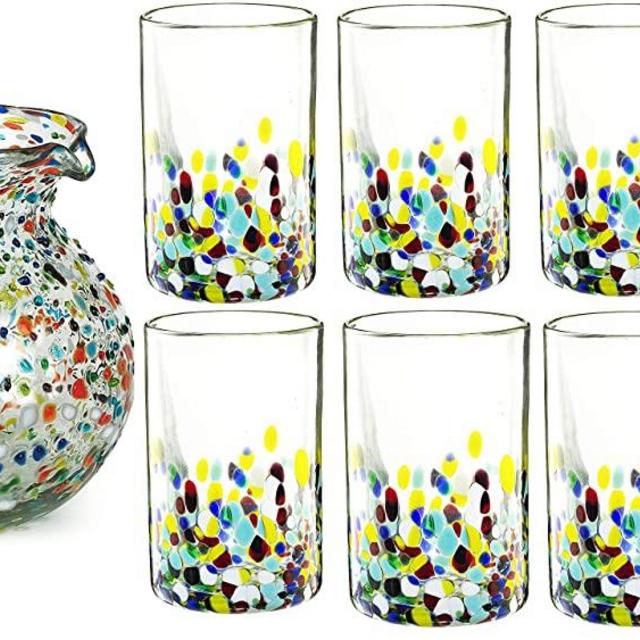 Hand Blown Mexican Drinking Glasses and Pitcher – Set of 6 with Mexican Confetti Design (14 oz each) and Pitcher (84 Ounces) by The Wine Savant
