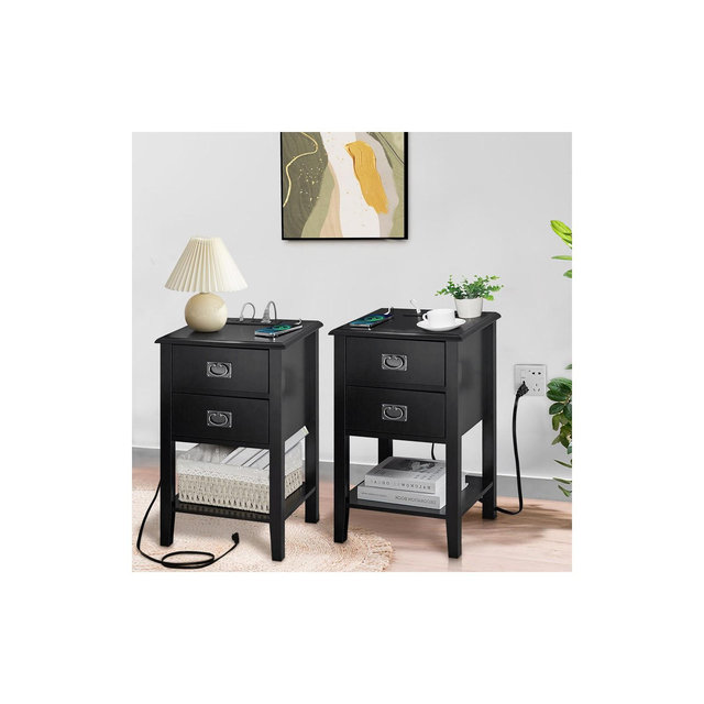 VECELO Nightstand Set of 2-with Charging Station, Black End/Side Table with USB Ports, Nightstands with 2-Drawers Storage Shelf
