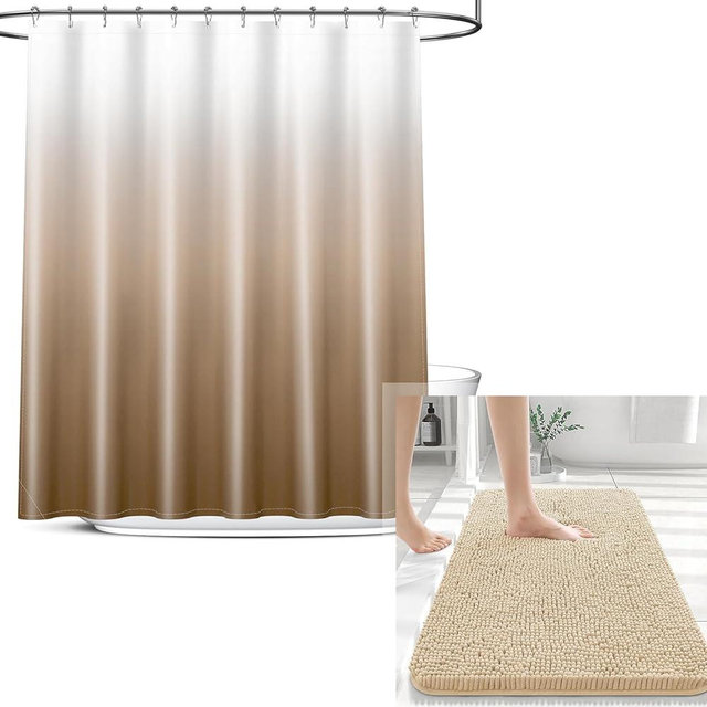 OLANLY Chenille Bath Rug and Shower Curtain, Bath Rug Size 30x20 in Beige and Shower Curtain 72x72 in Beige, 2 Item Bundle