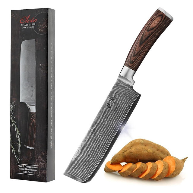 Wakoli EDIB Professional Damascus Nakiri Kitchen Knife - Made of 67 Layers of Genuine Damascus Steel with VG10 Core | Nakiri Knife Ergonomic Pakkawood Handle in Gift Box