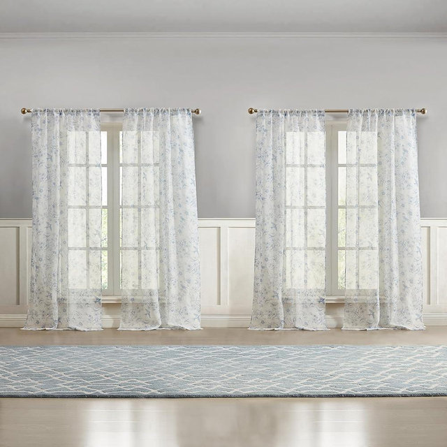 Laura Ashley Barnette Window Curtains with Rod Pocket, 96-inch Length, 4 Panels Set, Semi-Sheer Light Filtering, Blue