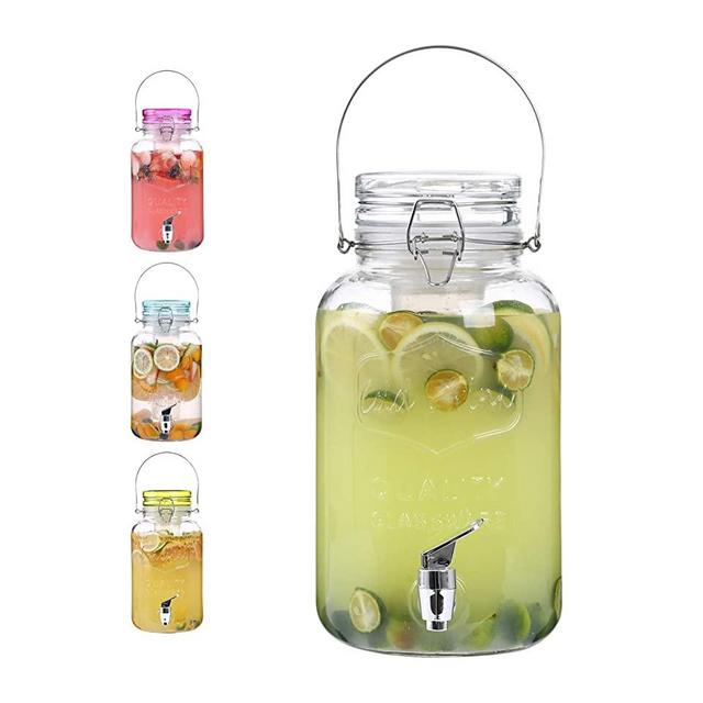 Emica Home 1 Gallon Cold Drink Glass Beverage Dispenser with Ice Infuser, Clear Bail & Trigger with Locking Clamp Drink Dispenser with Easy Flow Spigot for Outdoor, Parties and Daily Use