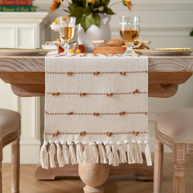 Caflife Boho Table Runner 72 Inchs Long for Modern Farmhouse Room Home Decor, Brown and Beige Coffee Table Runner, Natural Cotton Woven with Tassels Neutral, for Kitchen Dining Table Decor