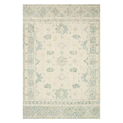 Loloi Norabel French Country Light Ivory Blue Wool Patterned Rug - 7'9"x9'9"