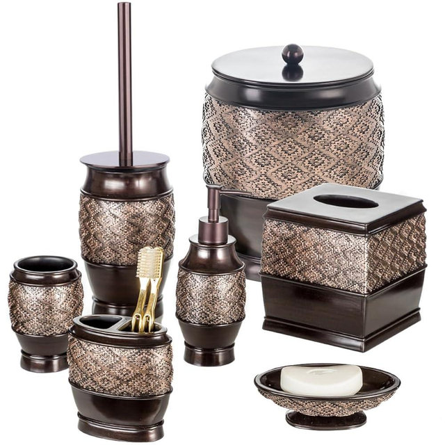 Creative Scents Dublin Brown 7 Piece Matching Bathroom Accessories Set Includes: Bathroom Trash Can, Soap Dispenser, Soap Dish, Tumbler, Toothbrush Holder, Tissue Cover and Toilet Brush