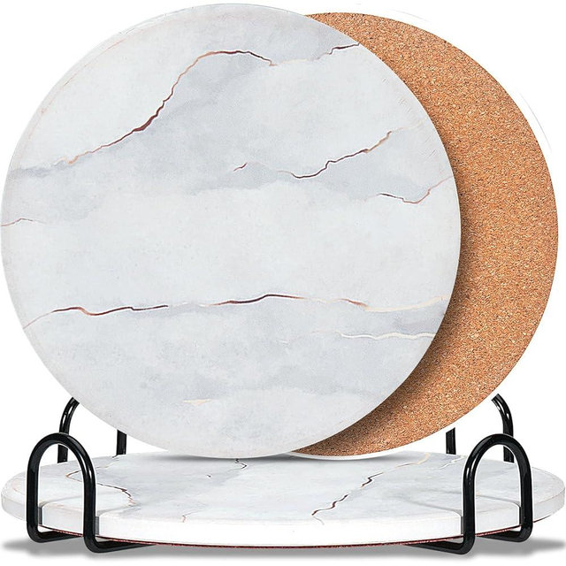 3-Pcs 7'' Ceramic Marble Style Trivet with Holder, Absorbent Trivets for Hot Dishes, Cork Bottom Anti-Slip Trivet Mats for Hot Pots and Pans