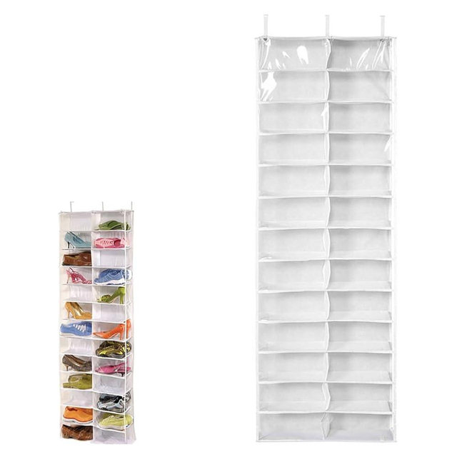 Hoodie Sweatshirt Storage Hack, Door Hanging Shoe Rack Organizer, 26-Pocket Clear Holder, Pockets Wall Shoes Bag, Portable Closet Wardrobe, 63" L X 22" W X 6.3" H, Cabinet Behind The Doors (White)
