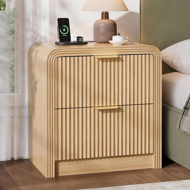 Decofy 23'' Wide Fluted Nightstand with 2 Large Drawers, Beside Table with Charging Station, Mordern Night Stand with Curved Corners & Metal Handle, Wood End Table for Bedroom, Oak