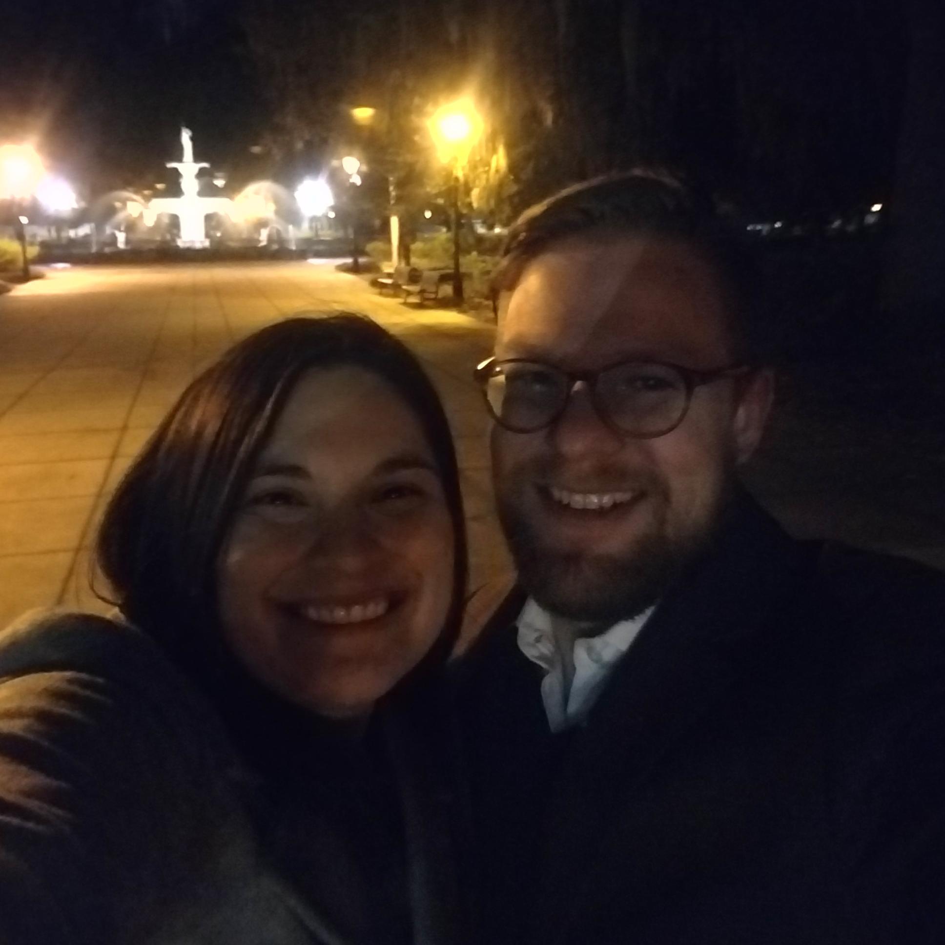 We stayed at a Bed & Breakfast in Savannah, GA, and had dinner at The Pink House, and had a haunted carriage ride around the city. This is during the trip when we got engaged.