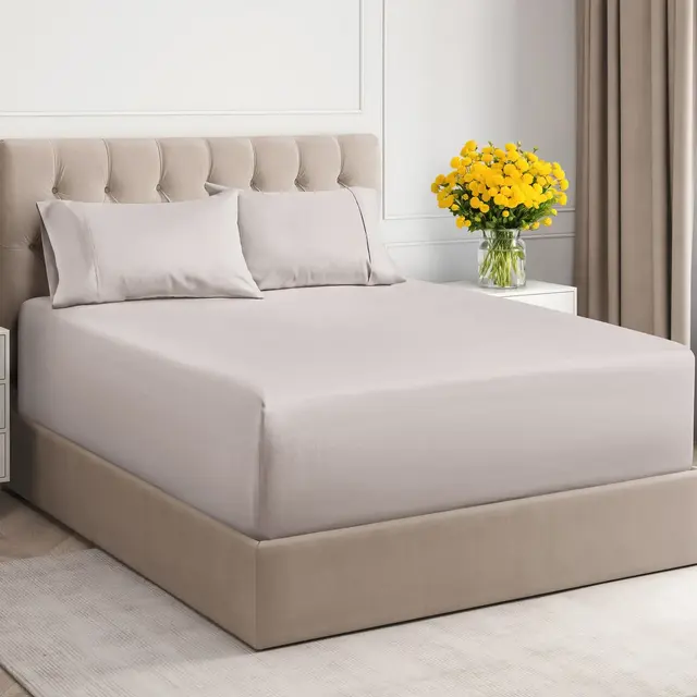 CGK Linens 100% Cotton 400 TC 4 Piece Sheet Set - Extra Deep Pocket for 18"-24" Mattresses in Light Grey, Size Queen