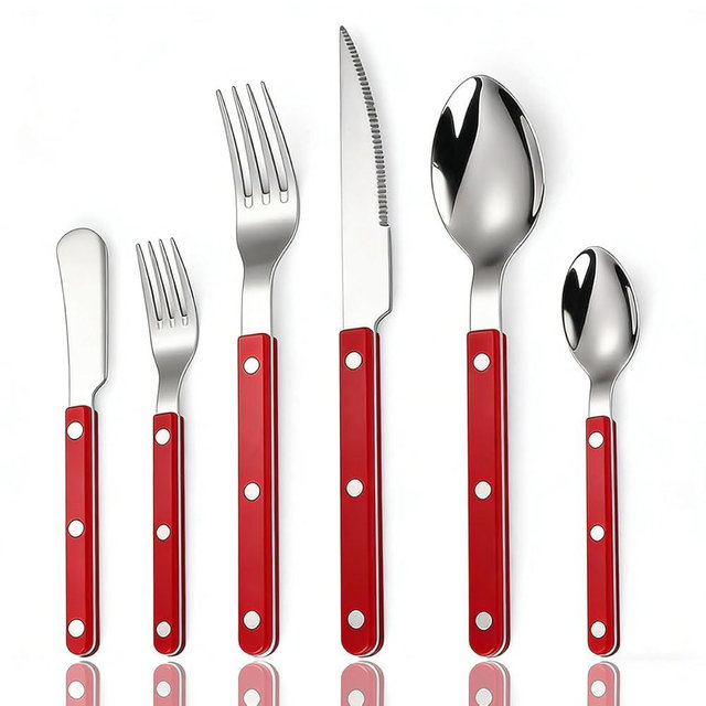 BLEWAR 6-Piece Red Silverware Set - 18/10 Stainless Steel Flatware with Steak Knife, Fork, Spoon, Teaspoon, Dessert Fork and Butter Knife - Elegant Tableware Cutlery for Dining (Red)