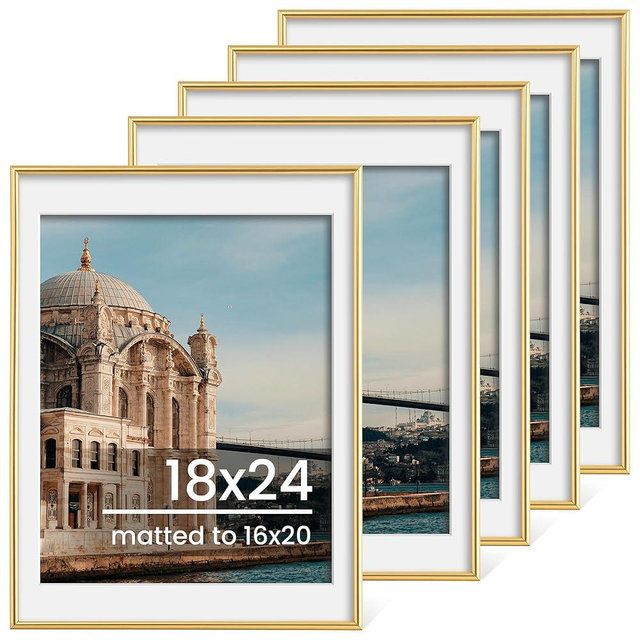FLYJOE 18x24 Picture Frame Set of 5, Display Pictures 16x20 with Mat or 18x24 Photos Without Mat 18 by 24 Poster Frames Collage Gallery Wall Decor, Gold