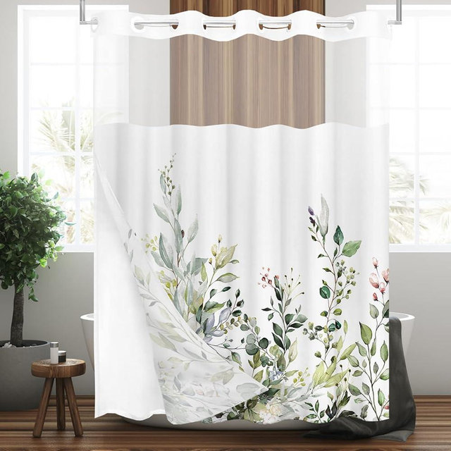 Tititex No Hooks Snap in Liner Green Eucalyptus Leaves Shower Curtain Sets, Hotel Luxury Double Layers Waterproof Fabric & See-Through Top Window Bathroom Decorative 72x78 Inch
