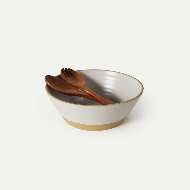 MORA Giant Salad Bowl Set with Wood Salad Servers, 4 qt Large Ceramic Serving Bowl for Salad, Pasta & Fruit, Microwave, Oven and Dishwasher Safe - Cloud