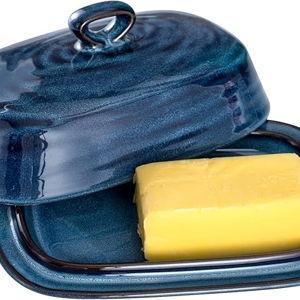 Hasense Butter Dish with Lid, Ceramic Butter Dish with Knife for Countertop with Covered, Large Butter Keeper Handle Design, Blue