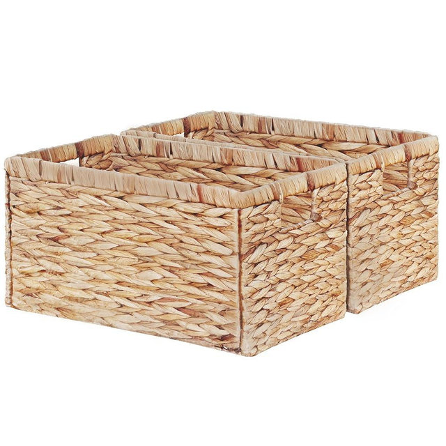 Vagusicc Wicker Storage Basket, Set of 2 Hand-Woven Water Hyacinth Storage Baskets for Organizing, 17 inch Large Wicker Basket for Shelves, Foldable Cube Organizer Bins for Bathroom