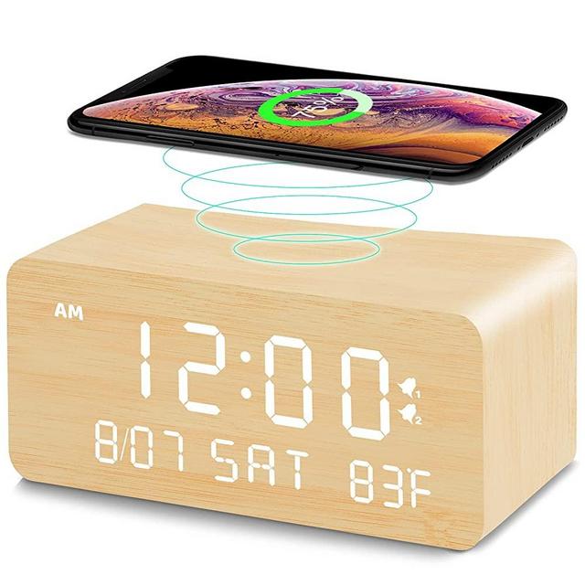 Andoolex Wooden Digital Alarm Clock with Wireless Charging, 0-100% Adjustable Brightness Dimmer and Alarm Volume, Weekday /Weekend Mode, Dual Alarm, Snooze, 12/24H, Wood LED Clock for Bedroom (Bamboo)
