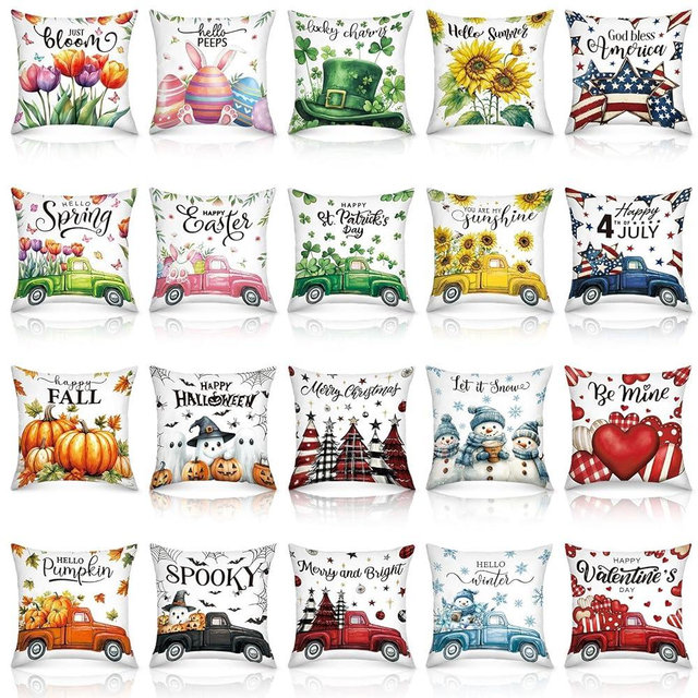 Mixweer 20 Pcs Holiday Pillow Covers 18 x 18 Inch Valentine Throw Cushion Cases Winter Fall Autumn Square Pillowcase Heart Snowman Decorative Pillows Cases for Home Farmhouse Holiday Decor