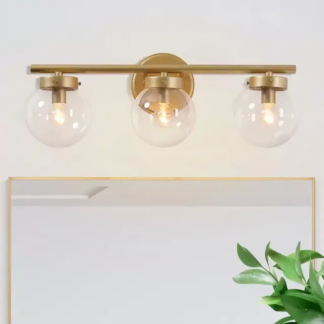 Modern Gold Bathroom Vanity Light, 3-Light Farmhouse Powder Room Globe Vanity Wall Light with Clear Glass Shades