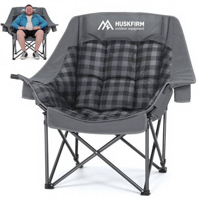 Huskfirm Oversized Camping Chairs for Adults Folding Padded Camping Chair Heavy Duty XL Camp Chair - 400LBS Support Lawn Chairs for Outdoor Sports Beach Fishing with Cup Holder & Carry Bag