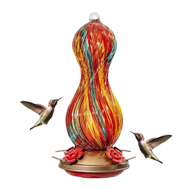 Hummingbird Feeder for Outdoors Hanging, Hand Blown Glass 24 OZ Capacity Hummingbird Bird Nectar Feeders with 4 Feeding Ports, Gifts for Women Mom Outside Garden Backyard Decor (Yellow-Green)