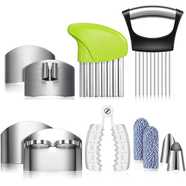 Romooa 11 Pieces Finger Guard Set for Cutting Include 4 Stainless Steel Knife Protector 2 Thumb Cots Potato Butter Lettuce Crinkle Cutter Onion Holder Slicer Mandoline