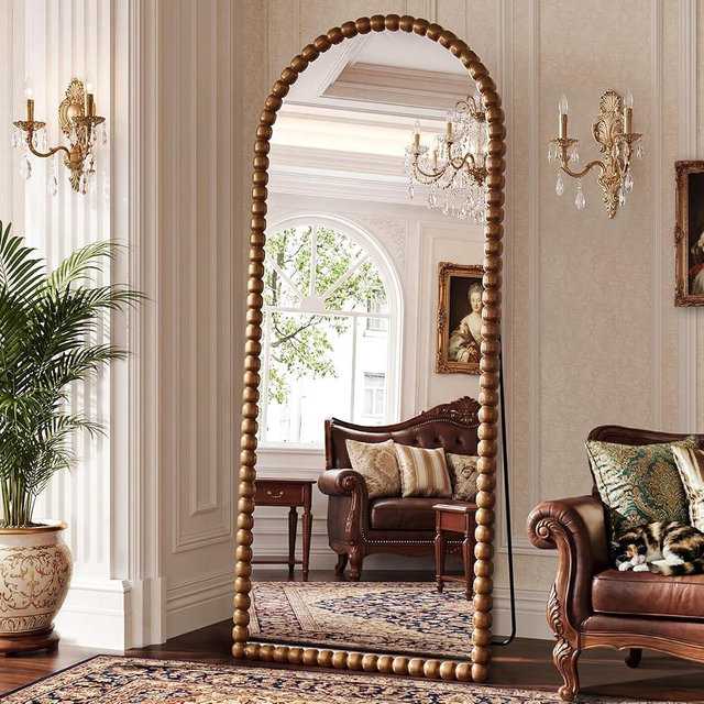 Vintage Full Length Mirror with Stand, 71x28 Inch Arched Beaded Full Body Mirrors, Large Floor Mirror Standing Mirror Full Length Wall Mounted Decor for Bedroom Living Room Cloakroom, PU Frame, Brown