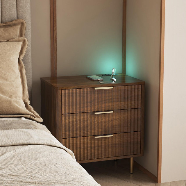 GDFStudio Silvia Modern Wooden 3-Drawer Nightstand with Night Light and Charging Station, Walnut