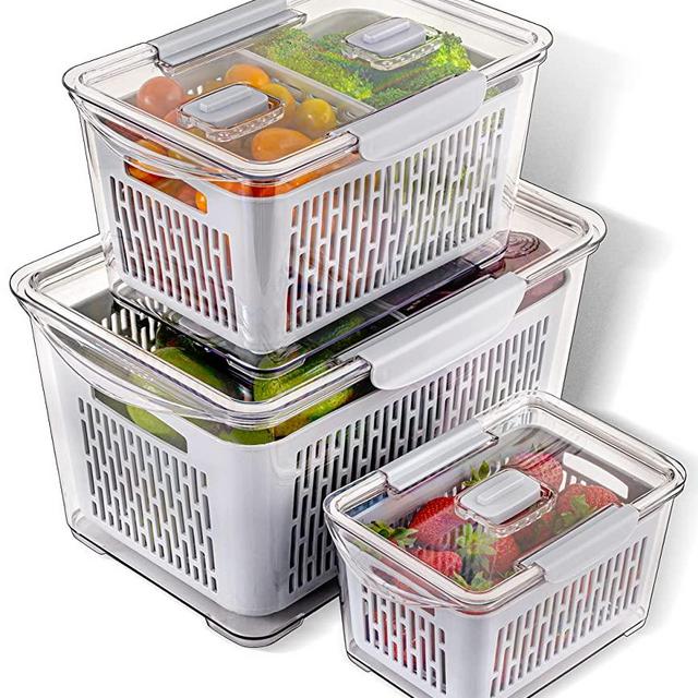 Fridge Fruit Storage Containers - Refrigerator Colander Bins for Produce and Veggies - Easily Wash, Prep and Store Fruits and Vegetables (Set of 3)